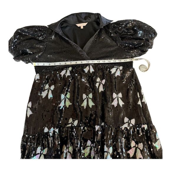 Simply Southern Collection Black Sequin Bow Puff Sleeve Collared Mini Dress -S - Picture 3 of 7
